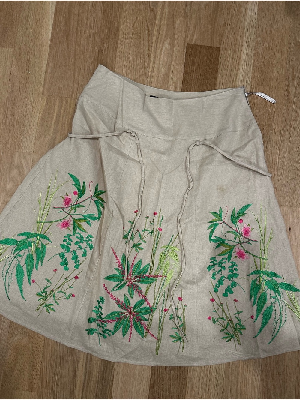 Saint Tropez West Beige Midi Skirt with Green and Pink Botanical Embroidery